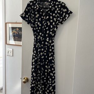 Cynthia Rowley button down black midi dress with daisies size M